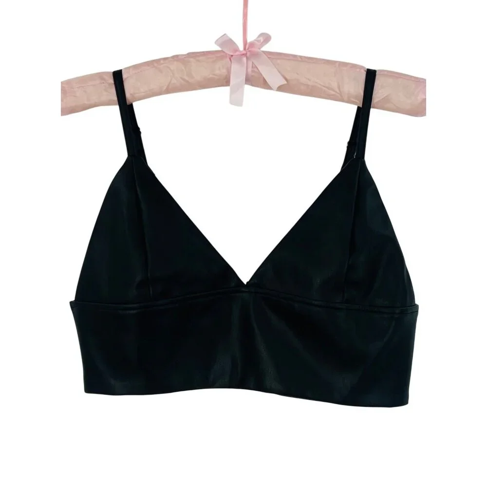 NWOT Shoedazzle Black Soft Vegan Leather Edgy V-Neck Sexy Club Rave EDM Crop Top - Picture 7 of 16